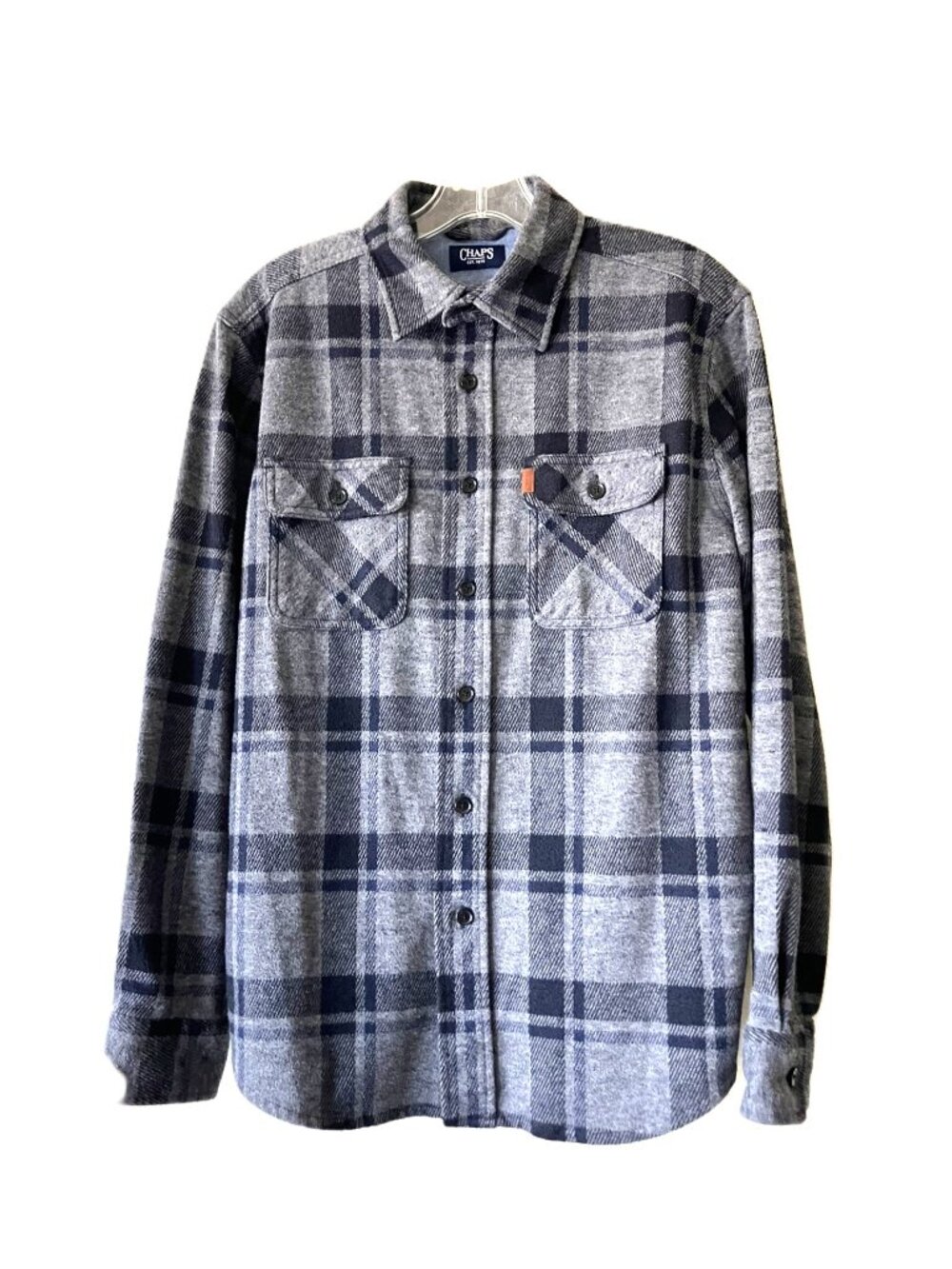 Chaps Men's Small Plaid Knit Flannel Button Down Shirt Grey Blue Stretch